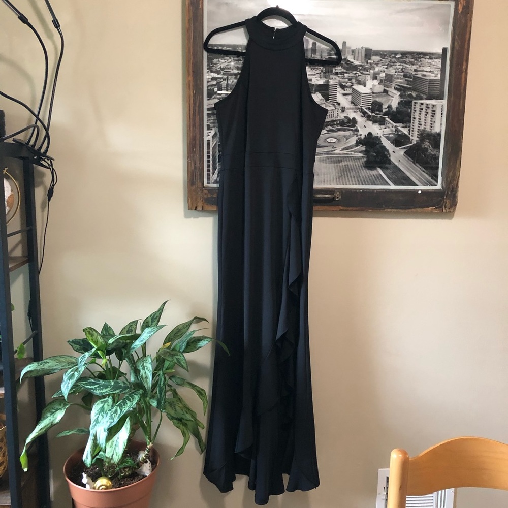 NWT black maxi gown with leg split + ruffle detail